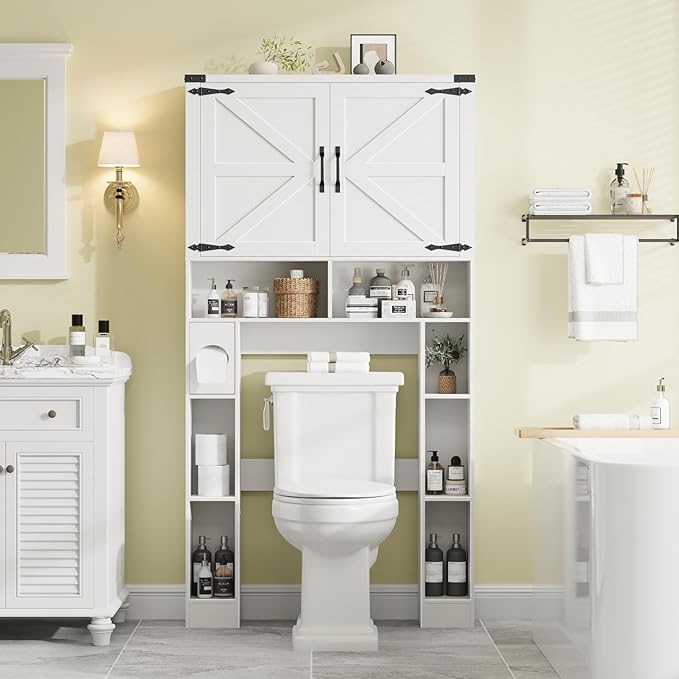 Vabches Over The Toilet Storage Cabinet, Farmhouse Storage Cabinet Over Toilet with 2 Barn Doors ，Toilet Paper Holder Stand，Home Space-Saving Toilet Rack, for Laundry, Restroom, Bathroom.White.