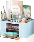 Stationary Organiser 7-Grid Desk Organizer with Drawer – Multifunctional Plastic Table Organizer & Pen Holder for School, Office, and Home (Blue)