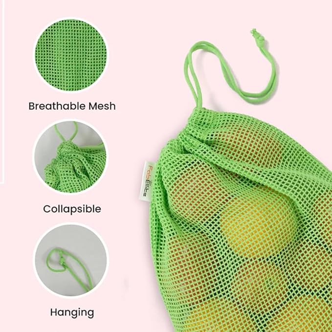 Eco-Friendly Organic Cotton Mesh Produce Bags [Pack of 6] | Reusable Mesh Produce Bags for Grocery Shopping, Fruit & Vegetable Storage | Washable Drawstring Vegetable Bags for Kitchen & Fridge