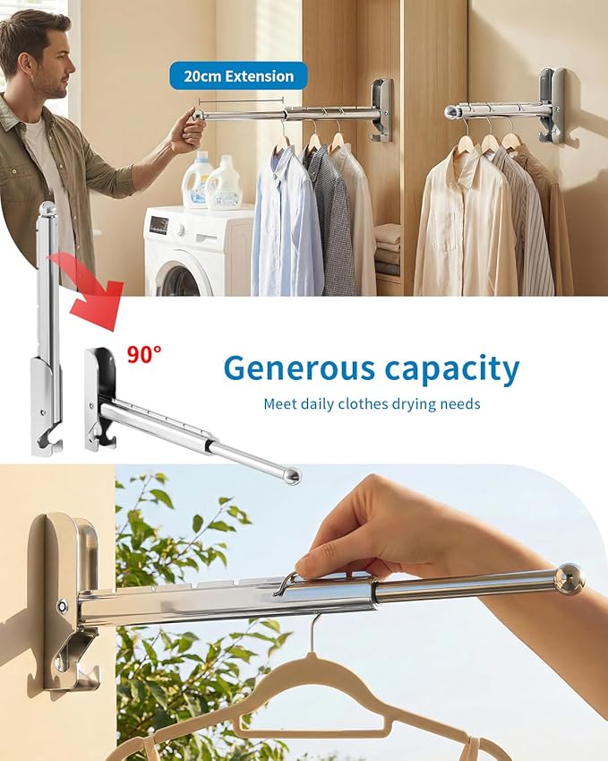 Wall Mounted Drying Rack 13" Foldable Clothes Hanger Silver Pull-Out Clothes Drying Rod for Laundry, Closets, Rntryway (1, 13" Silver)
