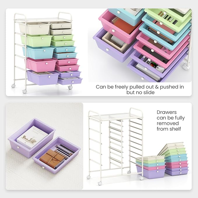 RELAX4LIFE 15 Drawer Rolling Storage Cart, Classroom Organization for School Teacher Office, Mobile Craft Art Supply Organizer, Utility Carts on Wheels for Paper Tools Scrapbook (Ice Cream Multicolor)