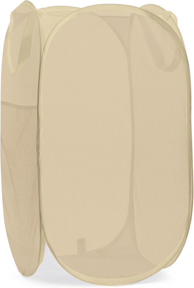Handy Laundry Collapsible Mesh Pop Up Laundry Hamper with Side Pocket, Breathable & Space-Saving Foldable Basket for Clothes, Toys, Travel, Storage, 14 x 13 x 24 in, Beige