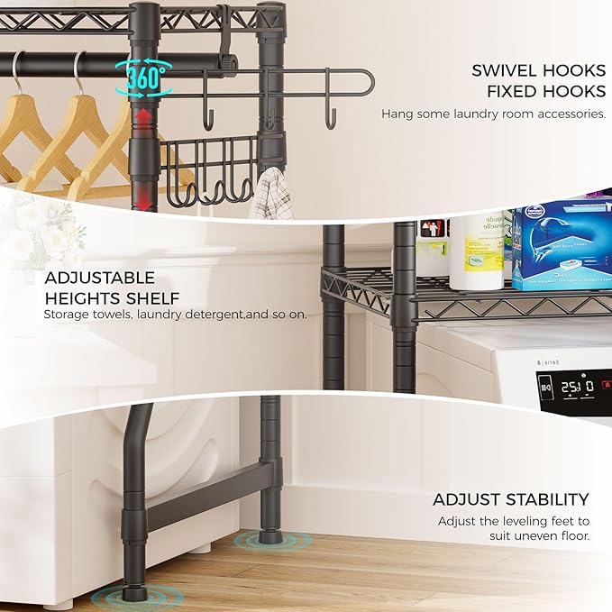 Over Washer and Dryer Shelves,2 Tier Adjustable Height Wire Shelving Laundry Room Storage Organization Clothes Drying Rack with Hanger Rod&Hooks,Space Saving Organizers Shelf,Black