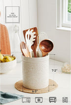 Kitchen Utensil Holder, 7 Inches Large Ceramic Utensil Holder for Countertop, Lace Emboss Cooking Utensil Crocks for Kitchen, Home Decor, Off-White