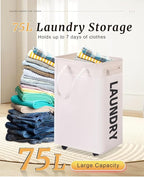 UULANFA Laundry Basket Wheels 75L with Removable Mesh Bag Waterproof Oxford Cloth Suitable for Bedroom Dormitory Clothing Storage Basket (White)