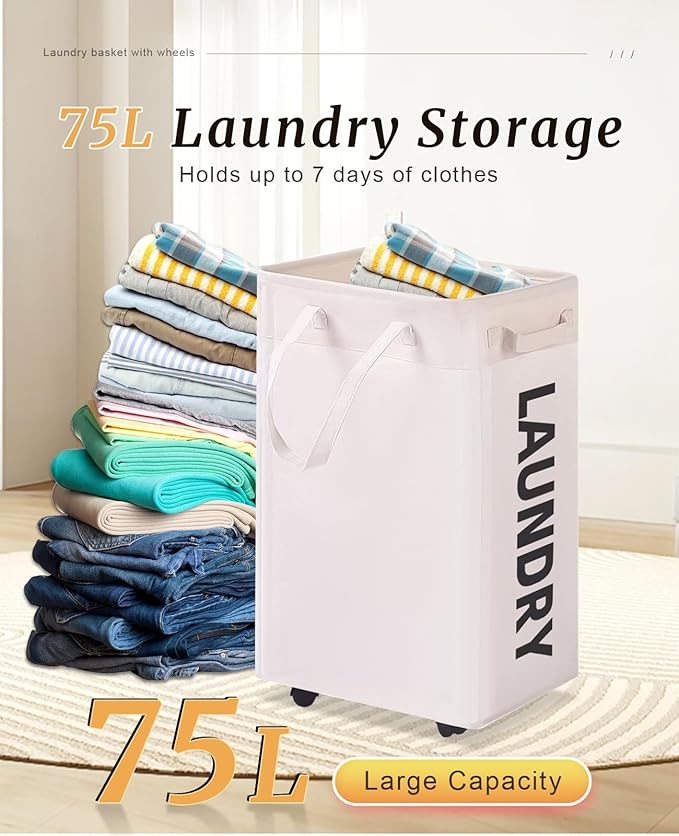 UULANFA Laundry Basket Wheels 75L with Removable Mesh Bag Waterproof Oxford Cloth Suitable for Bedroom Dormitory Clothing Storage Basket (White)