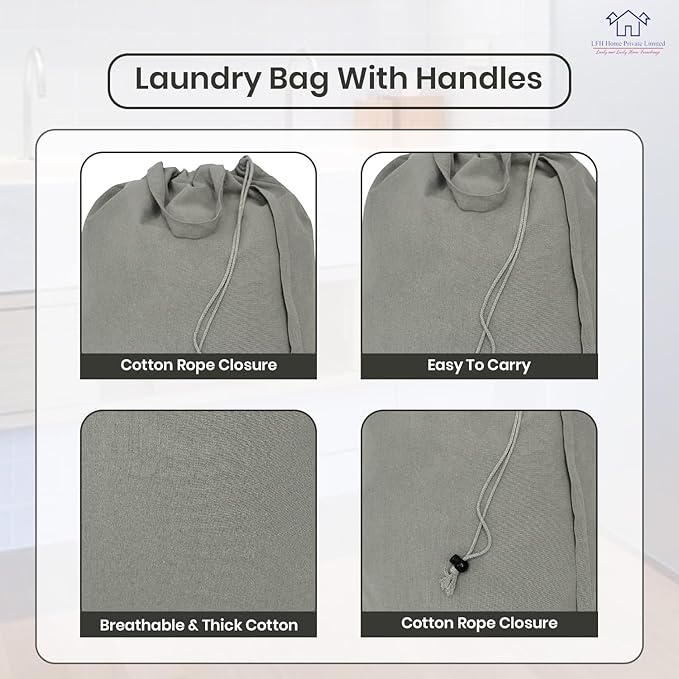 LFH Home Cotton Canvas Extra Large Laundry Bag with Handle, Heavy Duty Drawstring Closure Washable Laundry Bags, School Travel, Home, Hotel, College Dorm, Organizer Sack, Toys 24x36-Grey