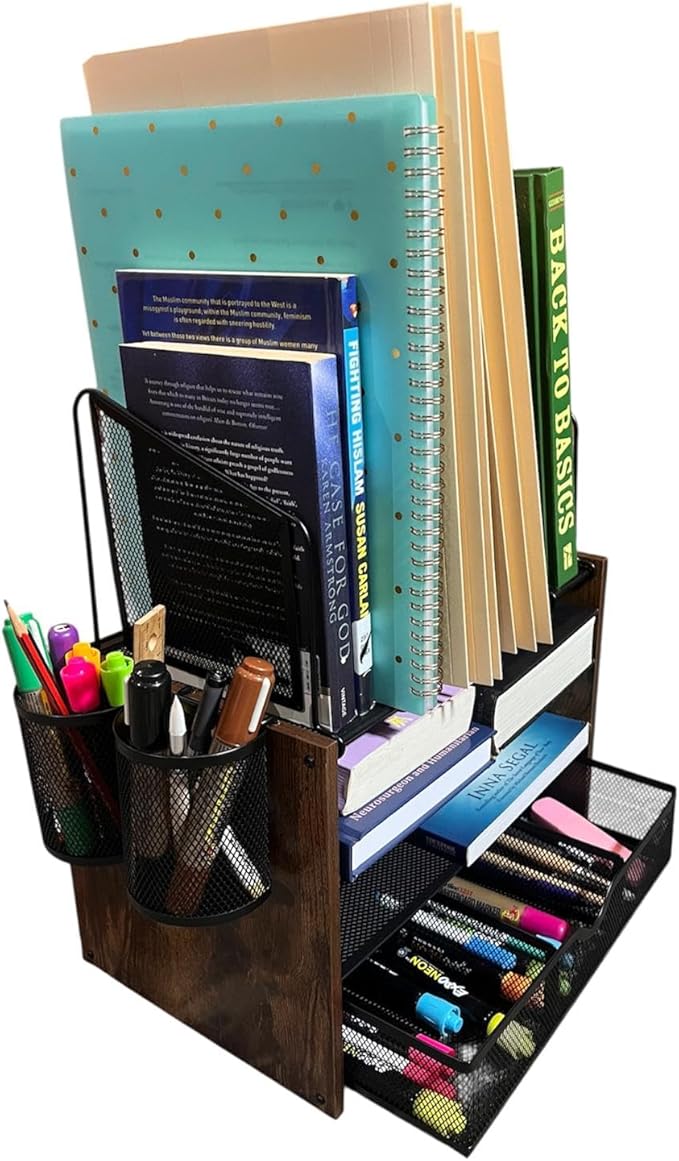 Wooden & Metal Desk Organizer – 4-Tier Vertical Desktop Storage with File Trays, Pen Holder & Drawer – Space-Saving Office & Home Workspace Organizer