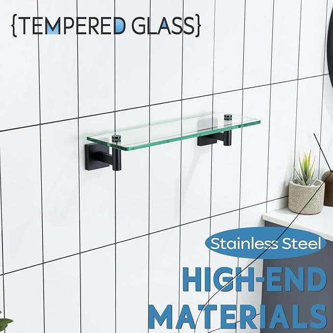 KOKOSIRI Bathroom Shelves Glass Floating Shelf 16-Inch for Bedroom, Living Room, Kitchen, Small Hanging Rack Rustproof Wall Mounted Black B1105BK-L16