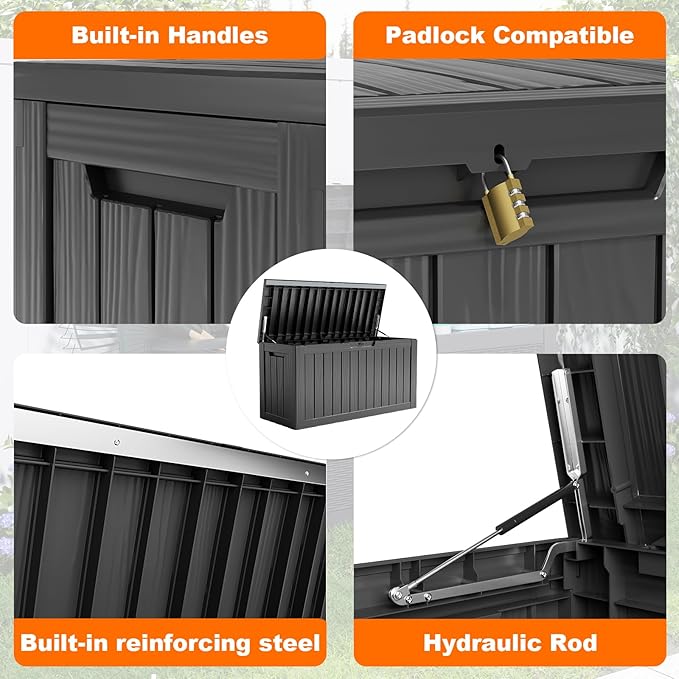80 Gallon Outdoor Deck Box,Waterproof Resin Outdoor Storage Boxes, Outside Storage Lockable Container for Garden Tools,Indooor Cushions,Accessories (Black)