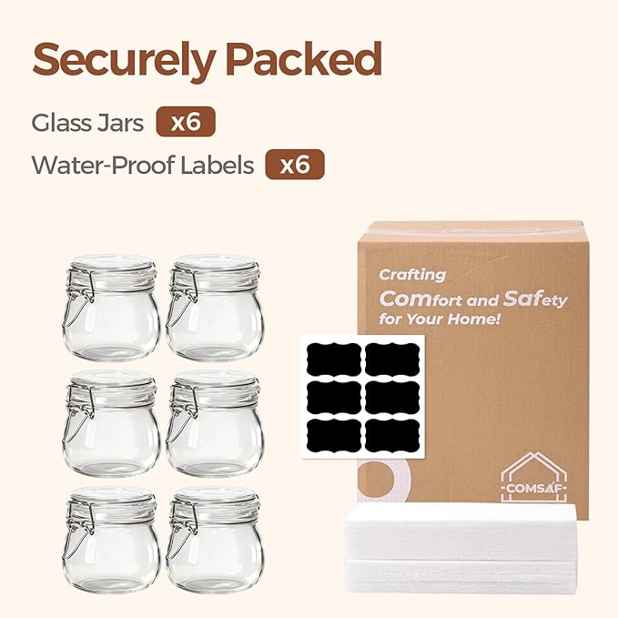ComSaf 6-Pack 17oz Short Glass Storage Jars with Lids, Pint Sized Canning Jars for Jams & Pickling, Airtight Food Canisters for Spices, Nuts, Snacks & Kitchen Drawer Pantry Organization