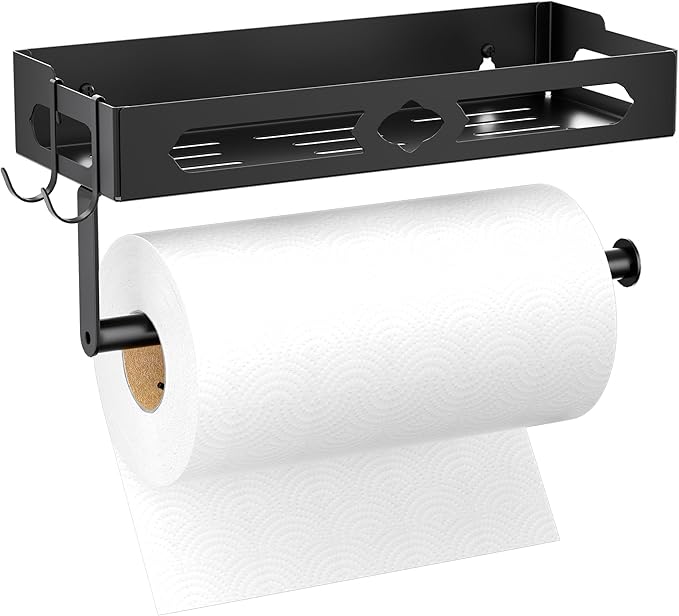 Paper Towel Holder with Shelf for Bathroom, Kitchen Paper Holder Spice Rack Paper Towel Roll Holder Wall Mounted Paper Towel Holder with 2 Hooks(2 Installation Methods - Self-Adhesive and Drilling)