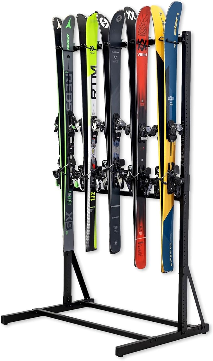 StoreYourBoard Teal Triangle Freestanding Ski Storage Rack for Garage, 5 Ski and Pole Organizer Floor Stand, Heavy Duty, Fully Adjustable for All-Mountain, Wide, Powder, and Backcountry Skis