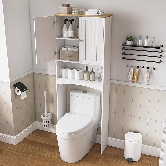 Over The Toilet Storage Cabinet for Small Bathrooms, Freestanding Space Saver with Double Doors & 2 Fixed Shelves, Stable Wood Organizer with Anti-Tip Kit, Fits 33-Inch Clearance, White