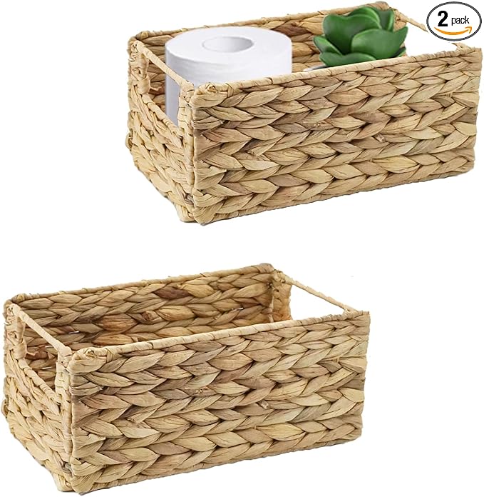 YRMT Small Water Hyacinth Storage Basket Toilet Paper Baskets with Built-in Handles Bathroom Organizer Narrow Baskets for Organizing Toilet Tank 2 Pack (Water Hyacinth)