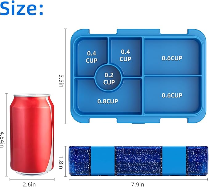 Bento Lunch Box for Kids, 6 Compartments BPA Free, Dishwasher Safe Back to School Snack Bento Lunch Containers Boxes, Ideal Portion Sizes for On-the-Go Meal, Shiny Blue