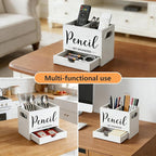Pencil Holder with 1 Drawer, Multi-Functional Pen Holder for Desk, Desk Organizers and Accessories with 2 Compartments, Desktop Organizer for Office Home Art Supplies(White)