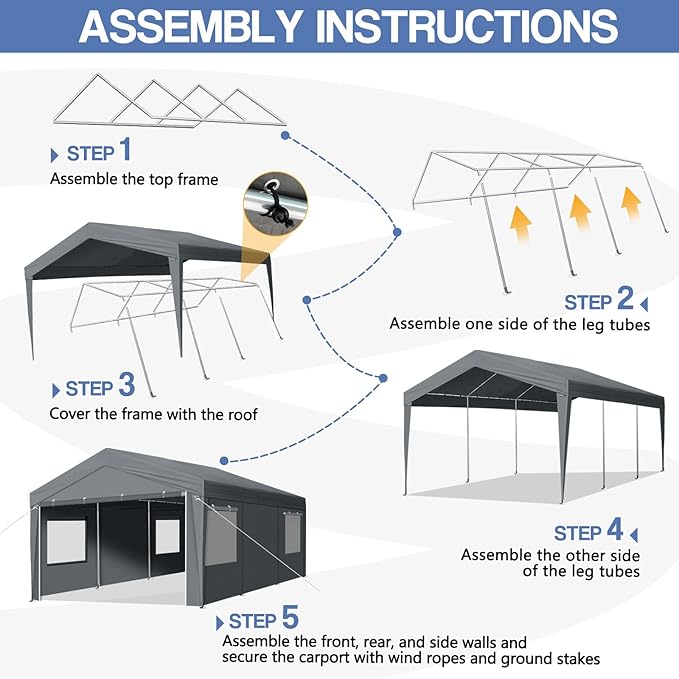 VINGLI 10x20 Carport with Galvanized Steel Frame, Portable Garage with 2 Roll-up Windows & Doors, Removable Sidewalls on Heavy Duty Carport Tents for Cars, Boats, Trucks, Dark Gray