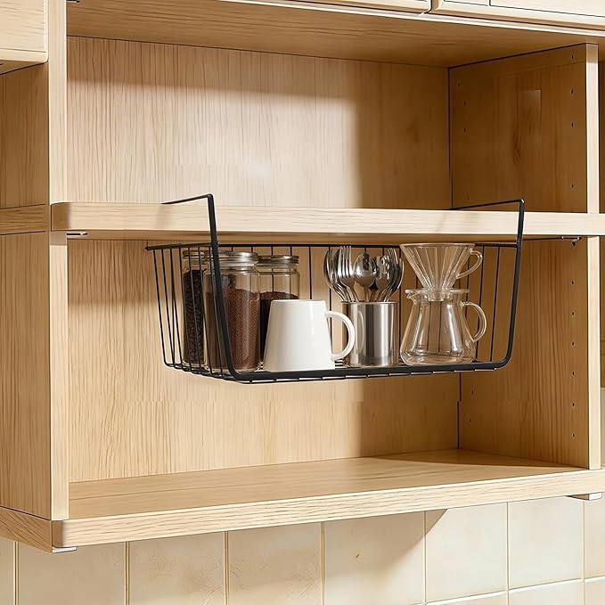 Undershelf Wire Storage Basket, Household Metal Hanging Bin Slides for Space Saving for Kitchen Pantry Bookshelf (Small, 2 PCS)