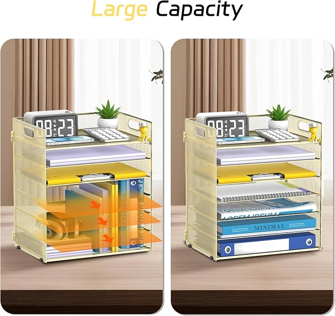 7 Tier Paper Organizer - Mesh Desktop File Holder with Handles for Office School Desk (Gold)