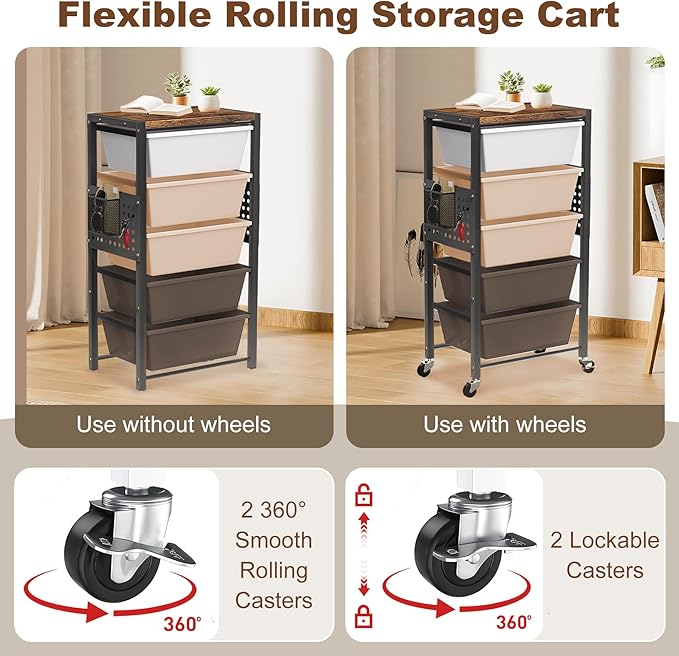 Rolling Cart with Drawers, Rolling Storage Cart with Large Plastic Drawers & Wooden Tabletop, Utility Cart with Pegboards & Basket, Storage Drawers Cart for Living Room, Classroom, Bedroom, Office