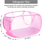 2 Pcs Durable Collapsible Laundry Baskets - Reinforced Mesh Pop Up Laundry Hamper with Pocket, Foldable Dirty Clothes Hamper with Carry Handles for Laundry, Bathroom, Kids Room, Dorm or Travel Pink
