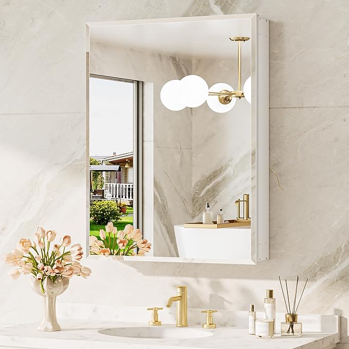 TokeShimi 24 x 32 Mirrored Medicine Cabinet, Assembly Required, White Medicine Cabinet for Bathroom, Tempered Beveled Mirror, Stepless Adjustable Shelves, Recessed/Wall Mounted