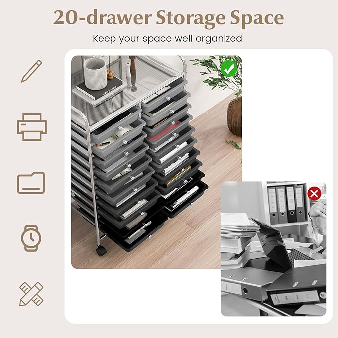 GOFLAME 20-Drawer Rolling Storage Cart, Multifunctional Art Craft Organizer Cart, Mobile Utility Storage Cart with Removable Drawers & Lockable Wheels, Craft Cart for Home Office School, Grey Gradient