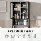 USHOWER Over The Toilet Storage Cabinet, Bathroom Organizers and Storage with Tempered Glass Doors, Thicken Metal Stand & MDF Wood Above Toilet Storage Cabinet, Freestanding Space Saver, Black