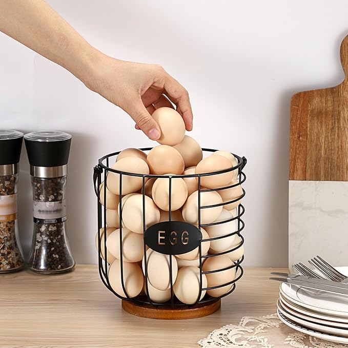 6.5'' Farmhouse Egg Basket for Gathering Fresh Eggs, Metal Egg Holder Countertop for Chicken Eggs, Round Metal Wire Basket with Handle & Wooden Base, Vintage Kitchen Decor(Style 2-Lantern)