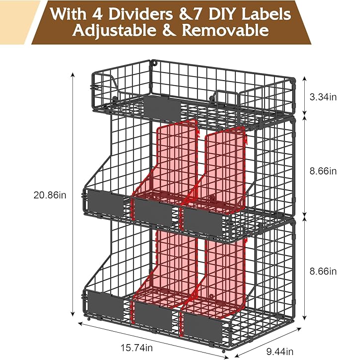 X-cosrack Egg Holder Countertop, 3 Tier Egg Rack with Labels Dividers to Separate Eggs, Stackable Wire Baskets for Fresh Egg, XXL Egg Dispenser for Countertop/Wall-Mounted (Patent Pending)