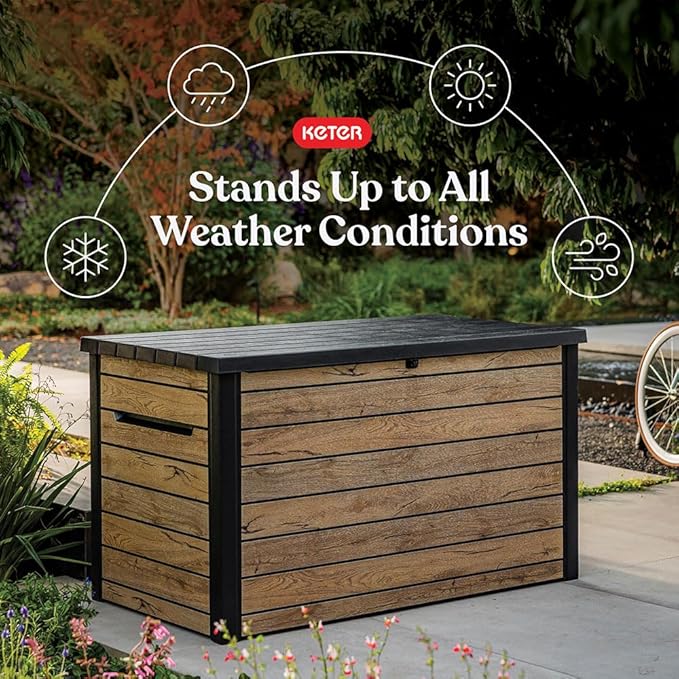 Keter Signature Collection XXL 230 Gallon Resin Deck Box Organization and Storage Box for Patio Outdoor Cushions, Throw Pillows, Garden Tools and Pool Supplies, Pine