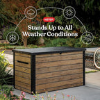 Keter Signature Collection XXL 230 Gallon Resin Deck Box Organization and Storage Box for Patio Outdoor Cushions, Throw Pillows, Garden Tools and Pool Supplies, Pine