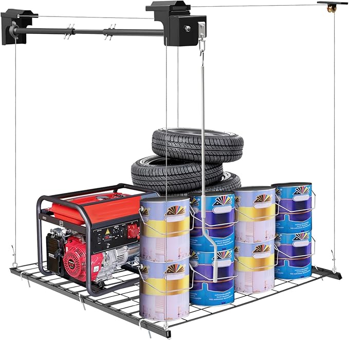 Overhead Garage Storage Rack 4x4 Feet 250LBS Capacity Hand Crank Adjustable Height Up to 96 Inches Ceiling Mount Organizer for Garage Warehouse