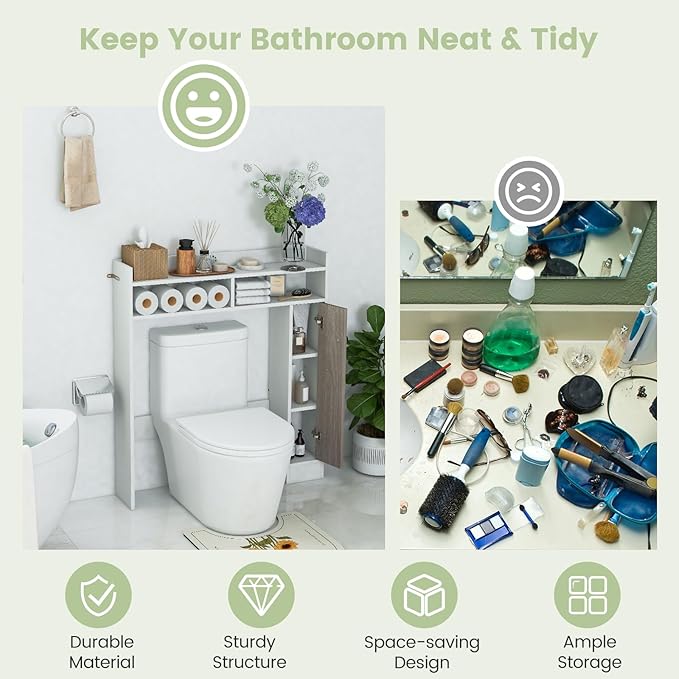 Giantex Short Over The Toilet Storage Cabinet, Bathroom Organizer w/Single Door Cabinet & Adjustable Shelves, Freestanding Space Saver Above Toilet Storage for Restroom, Laundry Room (White)
