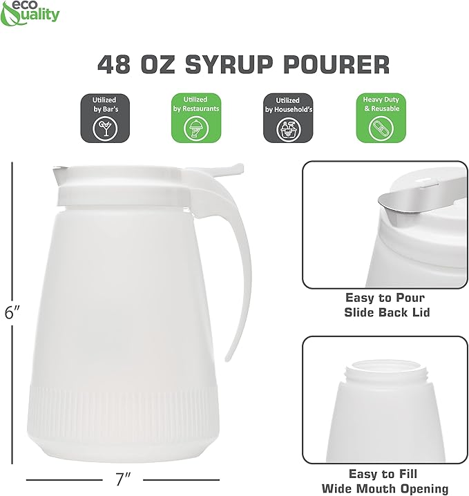 [7 PACK] EcoQuality 48oz Plastic Syrup Dispenser with Plastic Lid and Stainless Steel Slide Cover - Syrup, Sugar, Honey Dispenser - Perfect for Diners, Restaurants, Home, Office, Disposable (48 Ounce)