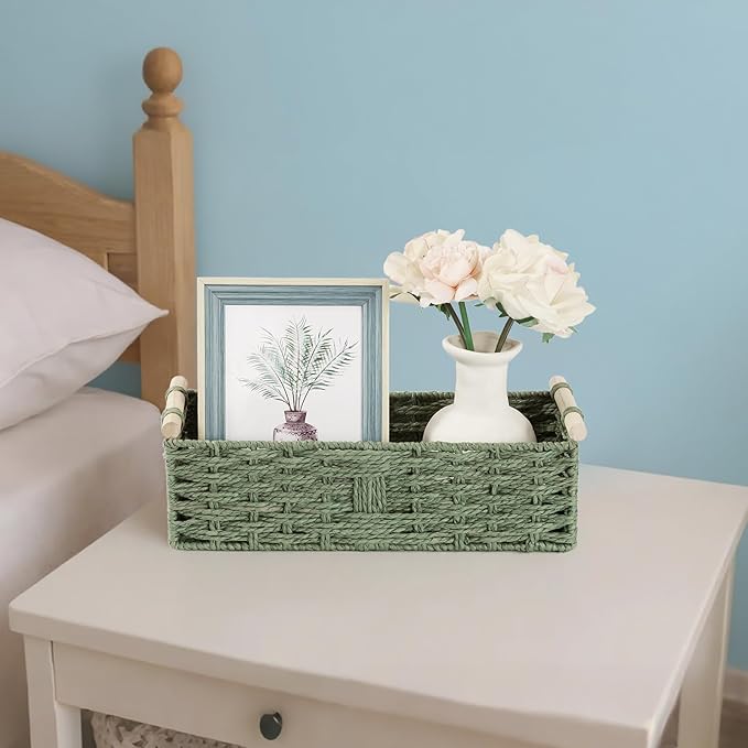 Toilet Paper Storage Basket，Decorative Small Wicker Baskets with Wooden Handles,Green Paper Rope Storage Basket for Bathroom Decor,Toilet Tank Shelf,Countertop Organizer