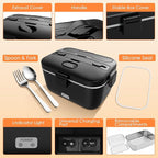Electric-Lunch-Box-Heated-Food-Warmer 100W Heating Lunchbox for Adults 1.8L Portable Food Heater for Work/Car, 12V/24V/110-230V Lonchera Eléctrica Portátil with Fork Spoon (Black)