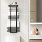 Towel Racks for Bathroom, 3 Tier Metal Towel Holder, with Shelf & 6 Hooks, 29 inch Wall Mounted Towel Storage, 6 Large Bath Towels Capacity,Small Bathroom Towel Rack for Rolled Towels, Black