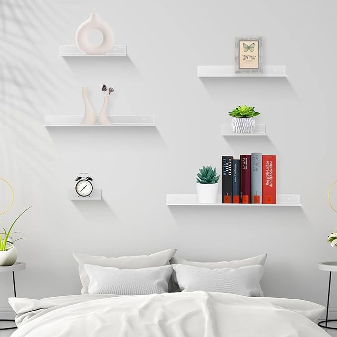 Z metnal Small Metal Shelves, Mini Floating Shelf for Collection Action Figures Speaker, Decor Display Wall Shelf, Aluminum, Wall Mounted, White, 10 inch, 2 Pack