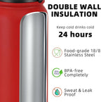 Fanhaw 24 oz Insulated Stainless Steel Water Bottle with Anti-Dust Chug Lid, Leakproof Vacuum Metal Bottle for Kids, Women & Men (Red)
