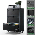 Aobabo 3 Drawer Lateral File Cabinet with Wheels, Lockable Metal Filing Cabinet for Home Office, Legal/Letter Size,Black,Required Assembled,15.87" D x 28.94" W x47.63 H