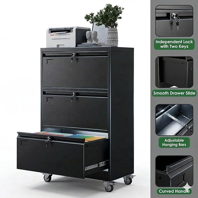 Aobabo 3 Drawer Lateral File Cabinet with Wheels, Lockable Metal Filing Cabinet for Home Office, Legal/Letter Size,Black,Required Assembled,15.87" D x 28.94" W x47.63 H