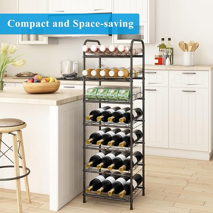 GILLAS 5 Tier Water Bottle Storage Rack, Free Standing Vertical Metal Organizer, Fits Different Sized Bottles Taller Cans, Easy Assembly Water Holder Stand for Kitchen Pantry, Black