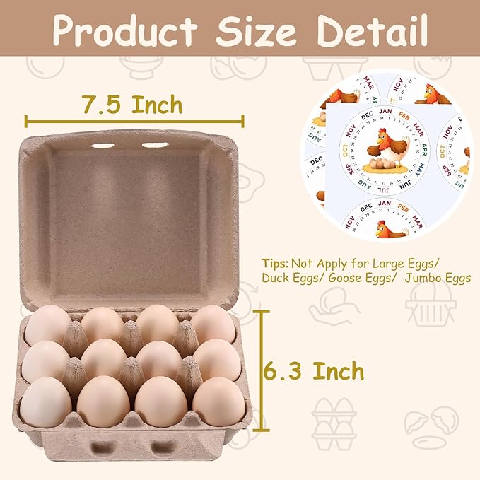 50 Pcs Vintage Egg Cartons with Labels, Square Dozen Egg Basket Blank Natural Paper Pulp, Classical 3x4 Style Holds Up to One Twelve 12 Count Chicken Eggs, Sturdy Eggs Box with Stickers
