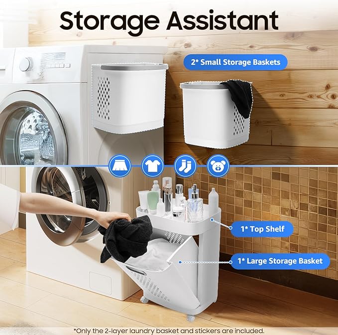 2 Tier Rolling Laundry Hampers Sorter, Removable Laundry Basket holder with Wheels and Handle, Portable Storage Basket Cart for Kitchens, Bathrooms, Bedrooms, Laundry Room