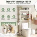Tangkula Over-The-Toilet Storage Rack, 3-Tier Freestanding Bathroom Space Saver Shelf w/ 2 Hanging Hooks & Toilet Paper Holder, Metal Above Toilet Storage Rack for Bathroom Laundry (White, 62.5”H)