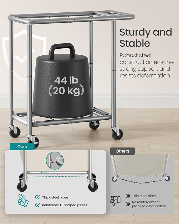 SONGMICS Laundry Basket with Wheels, 2-Section Rolling Laundry Hamper, 37 Gallons (140 L), Removable Liner, Steel Frame with Handle, 27.2 x 15.4 x 31.9 Inches, Dove Gray and Cream White URLS004GD02