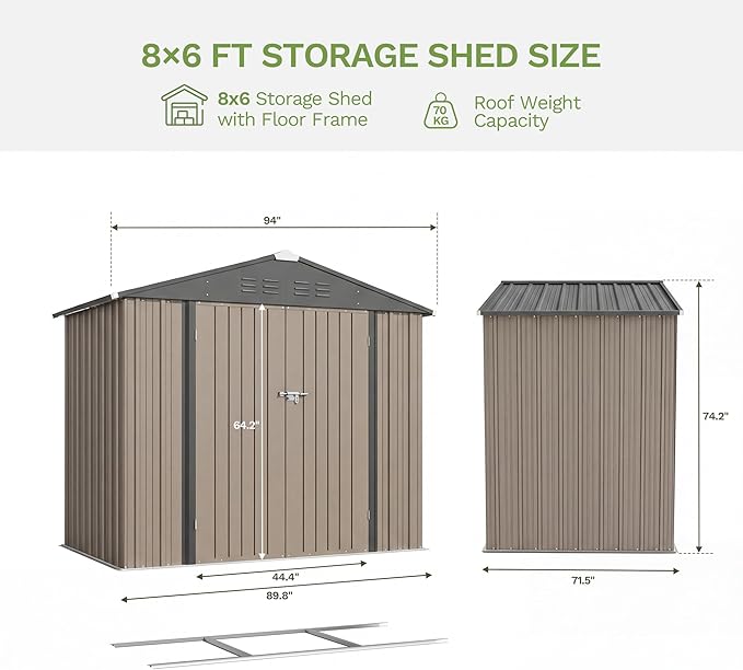 Devoko 8 x 6 FT Metal Storage Shed with Floor Frame Waterproof Garden Tool Shed with Lockable Door, Outdoor Shed Storage House for Backyard Patio Lawn, Brown