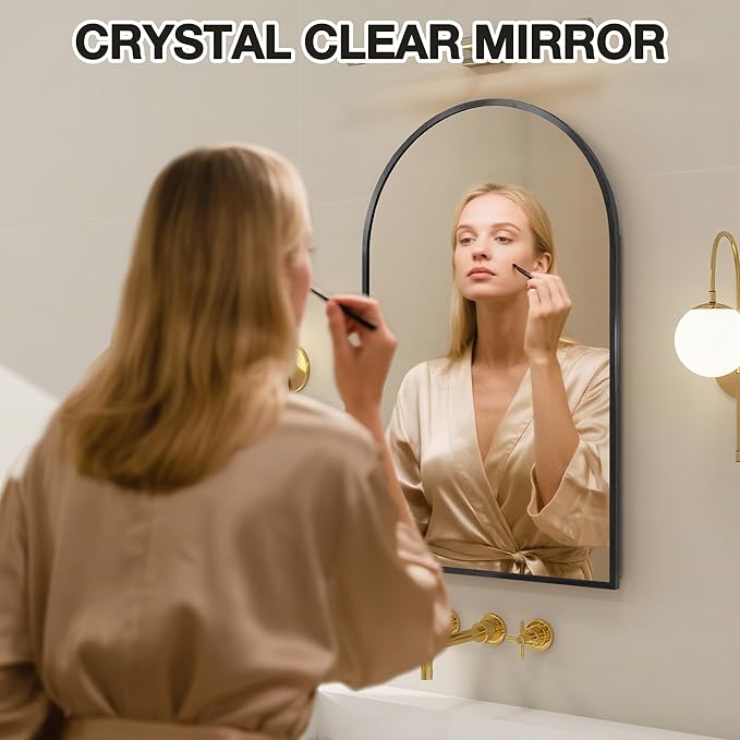 Arched Medicine Cabinet Mirror No Assembly Needed Bathroom Mirror with Storage Recessed or Surface Mount Options (Black, 31.5" L x 19.7" W)